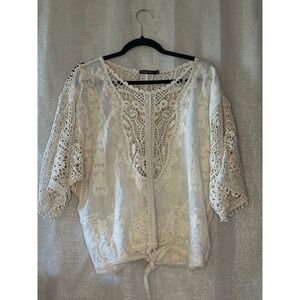 Spiaggia Dolce Crochet Lace Top Bohemian Blouse Tie Front‎ Cream M